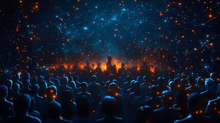 Fototapeta premium A captivating scene unfolds with a crowd enthralled by an illuminated backdrop and a glowing network above. Blue and orange dots create a mesmerizing web, Abstract dark blue wireframe.