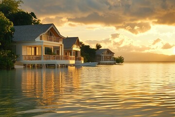 Fototapeta premium Luxury beachside villas with sunset sky reflecting on calm ocean water