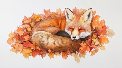 Fototapeta premium A Red Fox Napping Amidst Autumn Leaves: A Serene Watercolor Painting