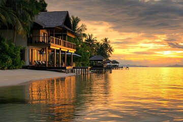 Obraz premium Luxury beachside villas with sunset sky reflecting on calm ocean water