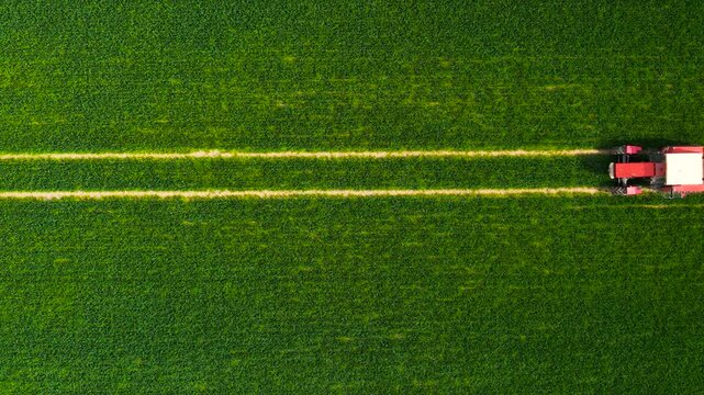 Top down steady shot with agricultural tractor with sprayer moving in and out frame. Overhead view capturing machine transitioning along crop treatment path. Aerial perspective showing farming vehicle
