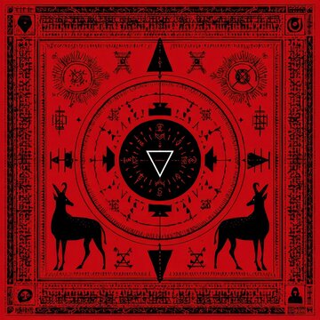 Symmetrical design with cryptic symbols on a red background.