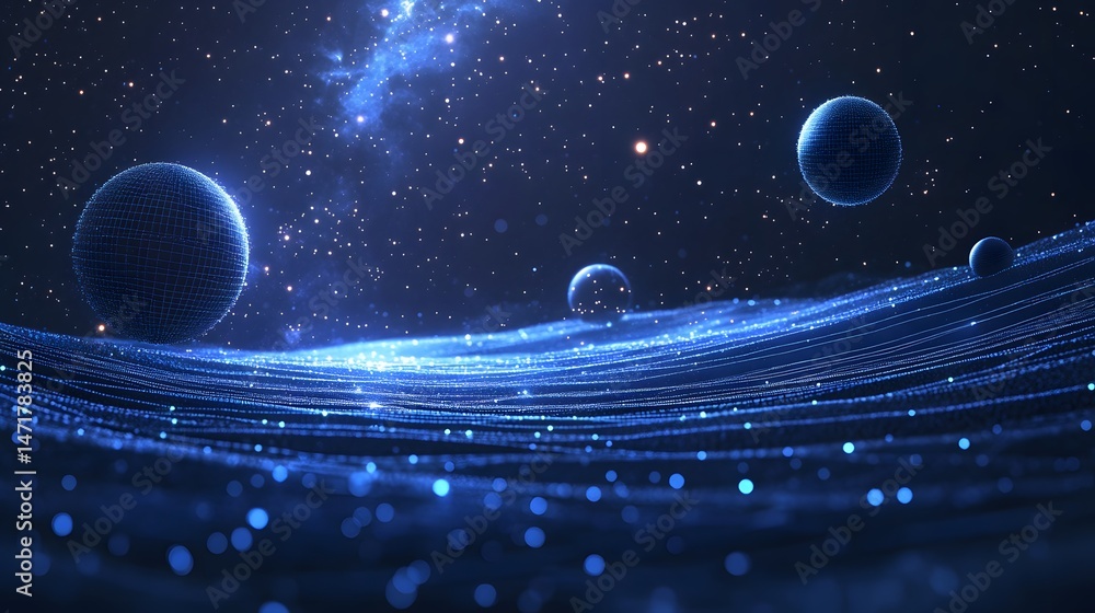 Aufkleber Immerse yourself in this blue cosmic dreamscape. Spherical objects float amidst nebulous swirls and radiant starlight, a stunning display of depth and texture. Abstract Abstract dark blue wireframe
