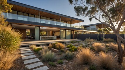 Obraz premium Modern two-level house design in australia showcasing contemporary architectural features and a stylish exterior perfect for family living