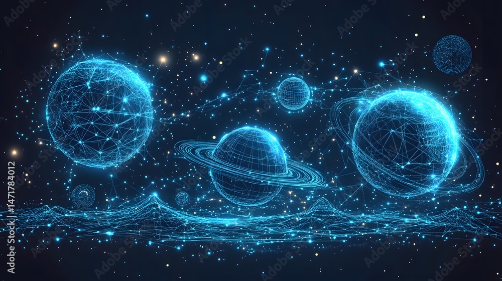 Poster cosmic network visualization. luminous blue spheres interconnected by radiant lines evoke a technolo