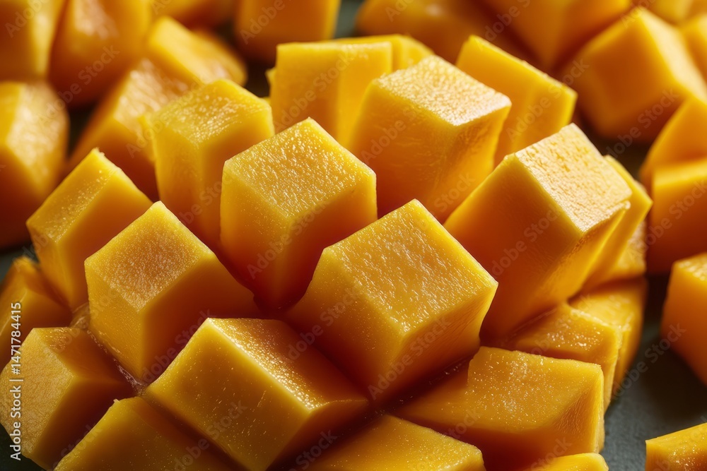 Poster fresh mango cubes arranged neatly on a green background with soft lighting