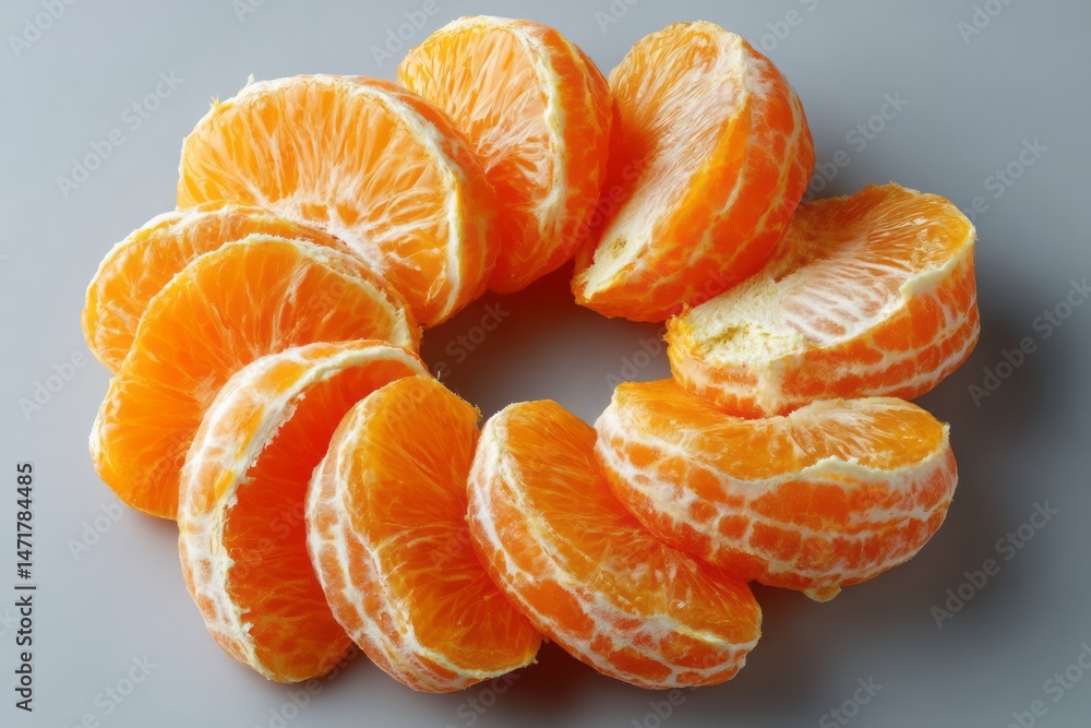 Poster fresh orange slices arranged in circular pattern on light background