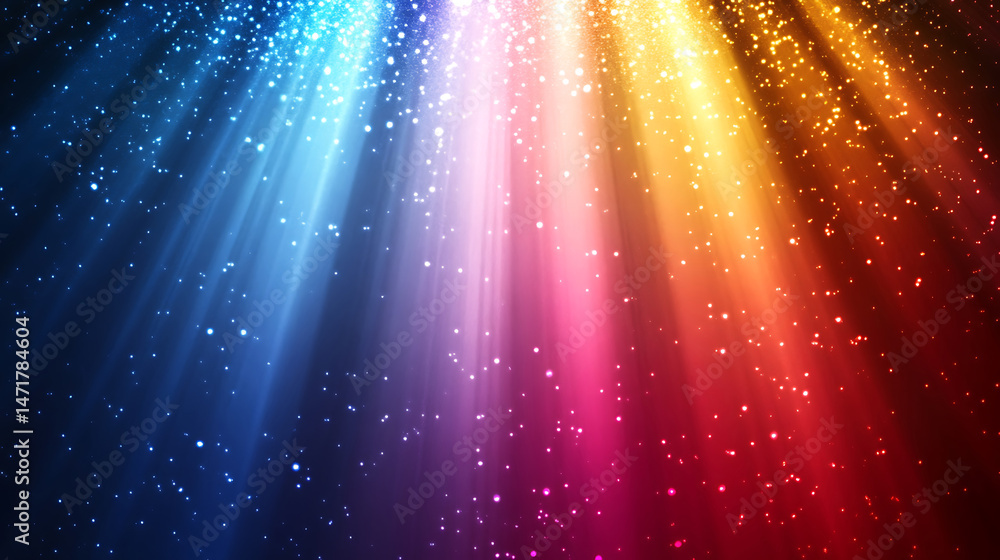 Poster abstract multicolored light rays with sparkling particles creating a festive and magical atmosphere,
