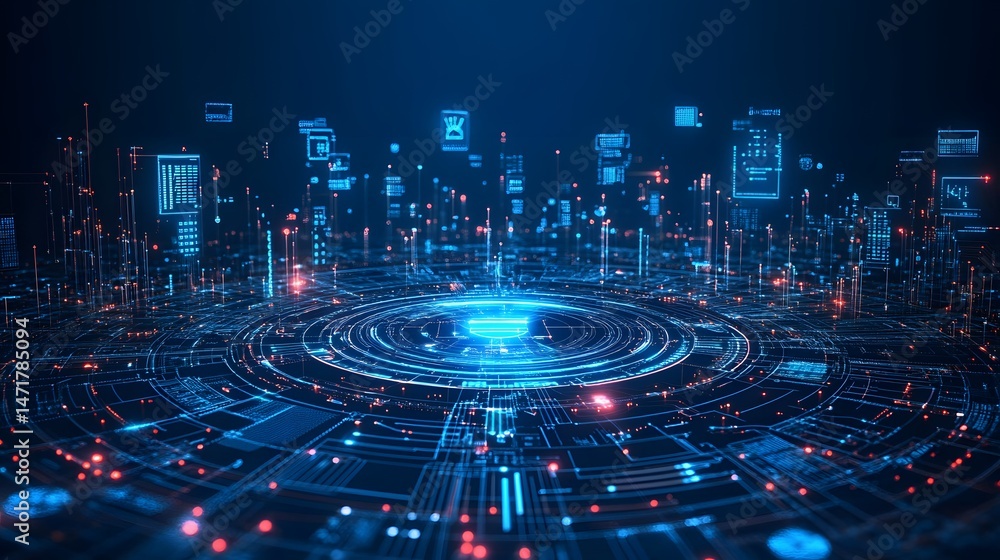Poster Futuristic cityscape with glowing data paths. A digital matrix of blue light and red accents evokes advanced technology. Perfect for AI, cyberspace, and data themes. Abstract dark blue wireframe
