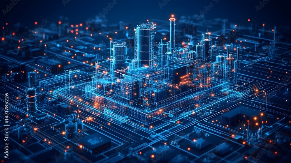 Poster futuristic blue wireframe city glows with orange accents, creating a technologically advanced landsc