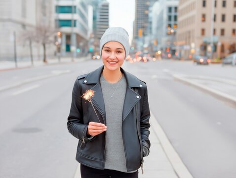 Young woman wearing a gray beanie and leather jacket, joyfully holding a sparkler while standing in the middle of a city street, illuminated by soft evening lights, celebrating a festive moment
