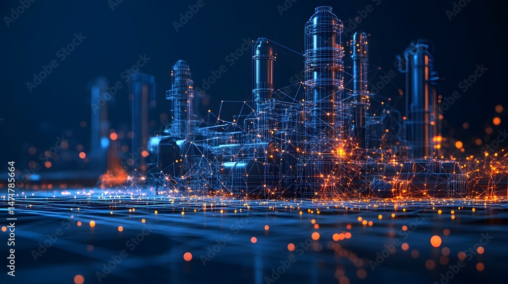 Poster futuristic industrial complex rendered in blue and orange wireframes. interconnected towers and glow