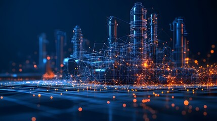 Futuristic industrial complex rendered in blue and orange wireframes. Interconnected towers and glowing dots suggest a digital network. High-tech aesthetic. Abstract dark blue wireframe