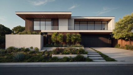 Fototapeta premium Contemporary two-level home with a modern facade featuring large and clean lines set against a beautiful landscape