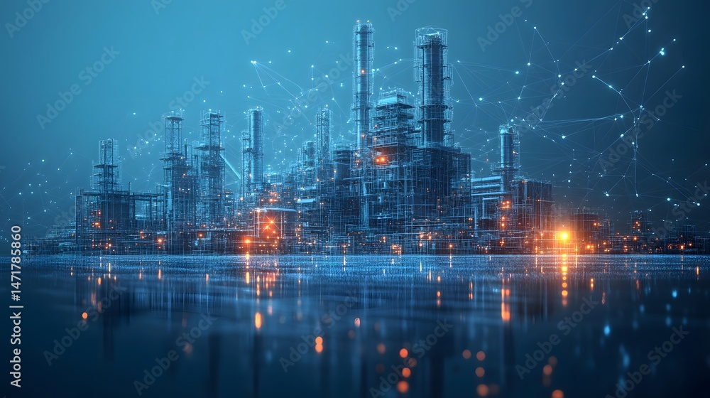Poster futuristic industrial complex rendered in blueprint style, showcasing intricate towers and pipes wit