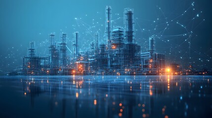 Naklejka premium Futuristic industrial complex rendered in blueprint style, showcasing intricate towers and pipes with glowing lights, symbolizing advanced technological progress. Abstract dark blue wireframe