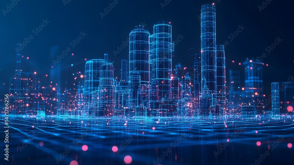 Aufkleber abstract futuristic cityscape with wireframe buildings glows red and blue. energetic orbs illuminate