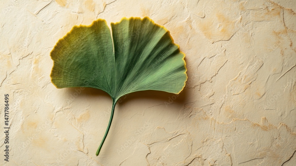 Poster close-up view of a single ginkgo biloba leaf on a textured surface.