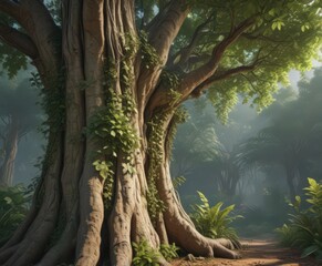 Massive tree trunk, climbing vines, dense exotic leaves,  overgrown,  art