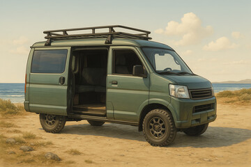 Green camper van parked near mountain base camp