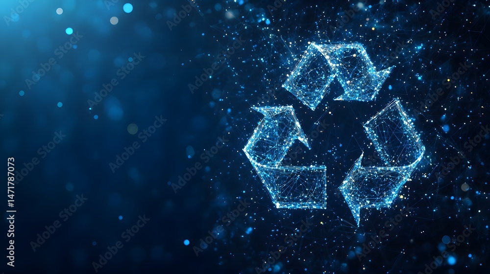 Aufkleber futuristic recycling icon glows with interconnected dots against a dark blue bokeh background. a vis