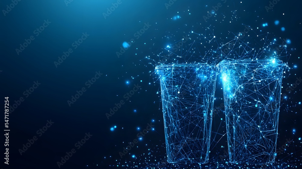 Poster Futuristic digital cups glow with interconnected lines against a blue backdrop. Abstract and technological, perfect for illustrating innovation. Abstract dark blue wireframe