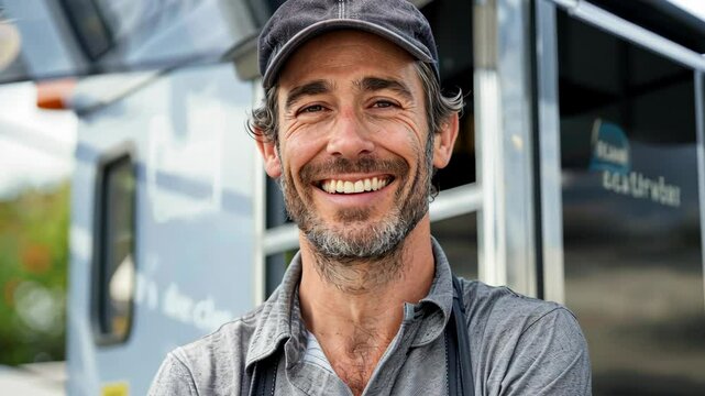Friendly man standing outside an RV, smiling and seemingly enjoying his time.