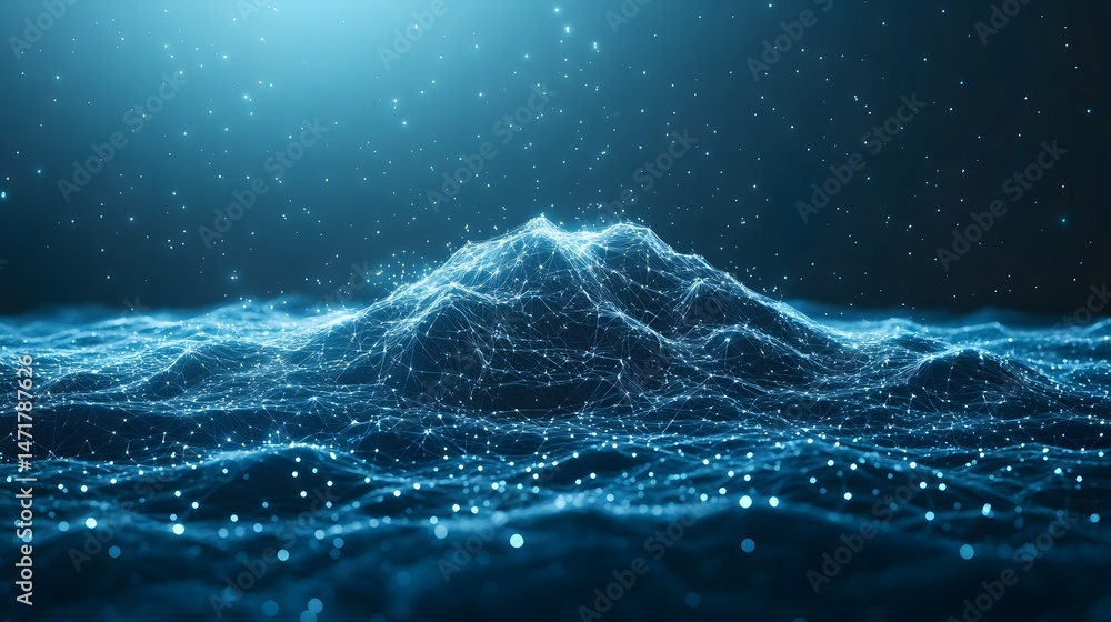 Aufkleber Digital mountain landscape with glowing lines and points against a deep blue gradient. An abstract network of interconnected peaks and valleys, creating depth. Abstract dark blue wireframe