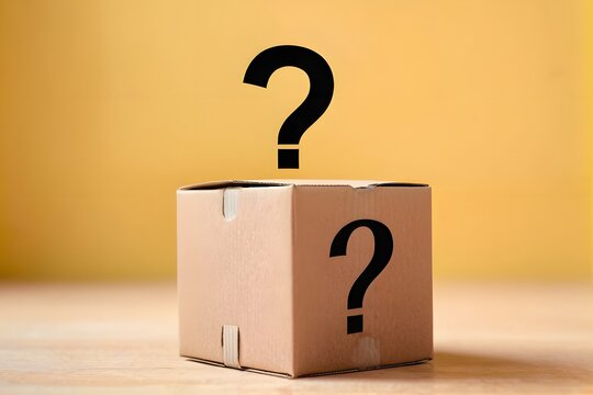 A paper parcel box with a question mark sign on a light yellow background with copy space