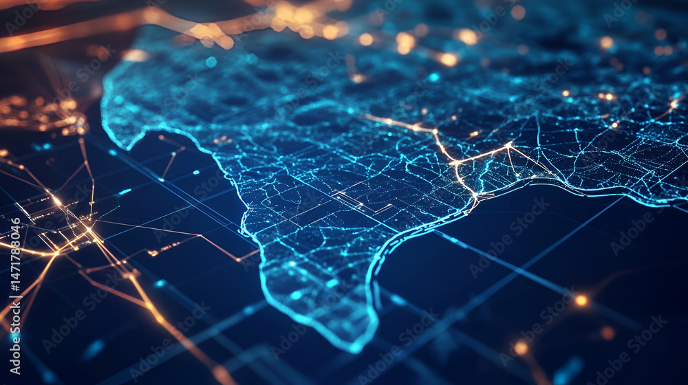 Poster abstract digital map with glowing network connections