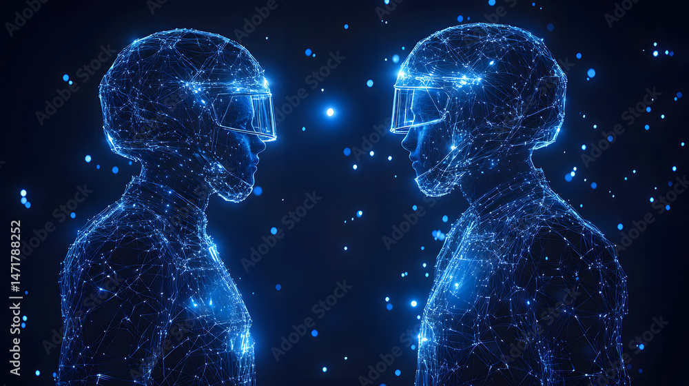 Aufkleber two futuristic figures, outlined in glowing blue, face each other in a digital realm. wireframe desi