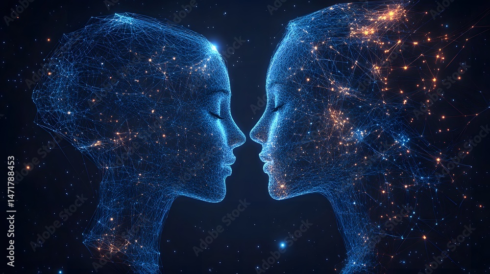 Poster abstract faces connect in a digital dance. blue lines and points of light depict consciousness, inti