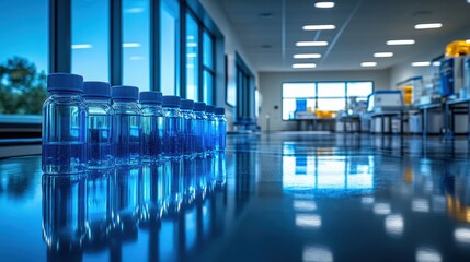 Laboratory scene with blue solutions in glass vials on glossy work surface