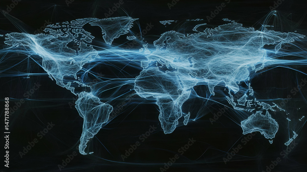 Poster abstract digital world map with glowing blue network connections