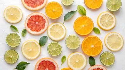 Fototapeta premium Fresh yellow lemon, green lime, and juicy orange citrus fruit slices create a healthy and vibrant food background