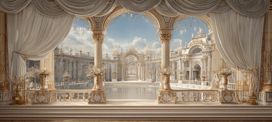 Fototapeta premium Ornate balcony with columns and curtains overlooking a grand architectural cityscape.
