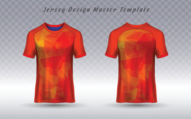 Front and back vector jersey template featuring a dynamic abstract geometric triangle polygonal pattern in red, orange, yellow. Customizable apparel mockup for sport teams or esports.  © VectorBloomX