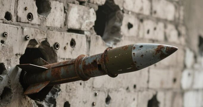 An unexploded rocket was stuck in the wall.