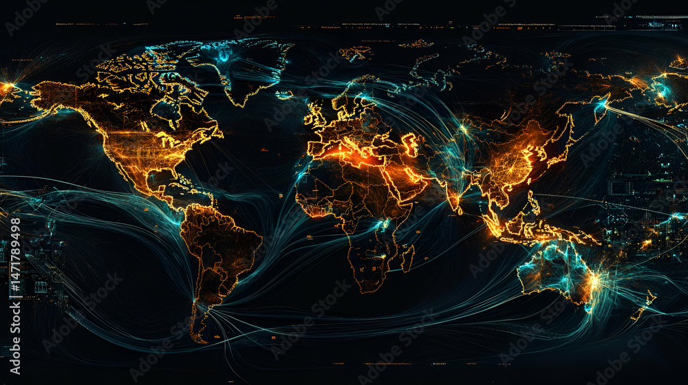 Poster abstract glowing world map digital network visualization