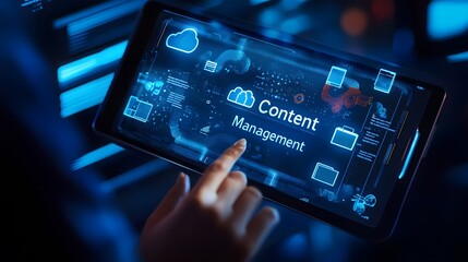Person Using Tablet with Digital Interface Displaying “Content Management”. Concept of CMS Technology for Digital Content Organization and Workflow Efficiency