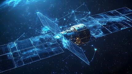 A high-tech satellite gracefully orbits Earth, harnessing solar energy with its extended panels. Network connections symbolize global communication. Abstract dark blue wireframe.