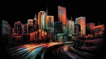 Obraz premium City skyline with blurred lights suggesting movement and a dark background.