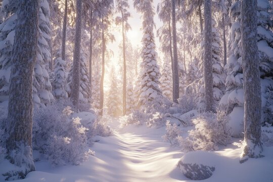 Snowy forest path bathed in sunlight