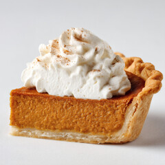 A delectable slice of pumpkin pie, topped with whipped cream and cinnamon, ready to eat.