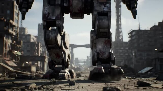 In a desolate urban environment, a massive mech navigates through ruins, showcasing advanced technology amid remnants of a once-thriving city. Dust rises as it moves, highlighting the devastation.