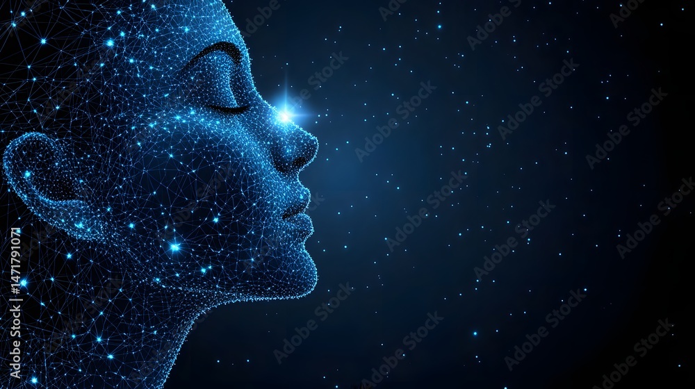 Poster abstract profile portrait of a person created from interconnected blue dots and lines, with a bright