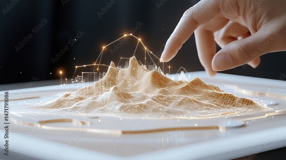 Poster hand interacting with futuristic digital city and mountain map data visualization digital data map