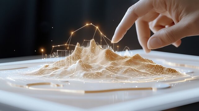 Hand Interacting with Futuristic Digital City and Mountain Map Data Visualization digital data map - Powered by Adobe