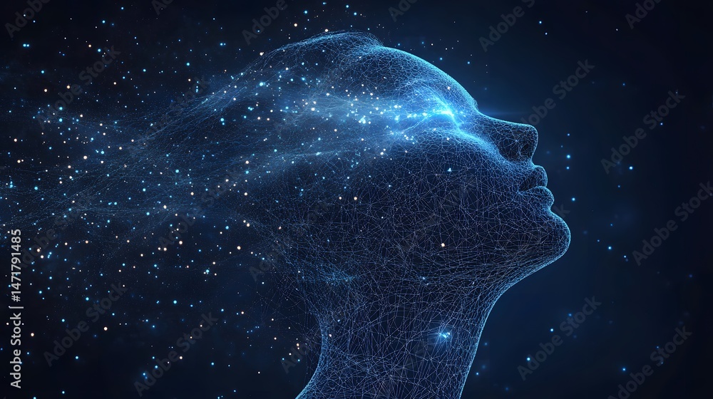 Poster ethereal human profile crafted from luminous blue lines against a dark backdrop. glowing particles e