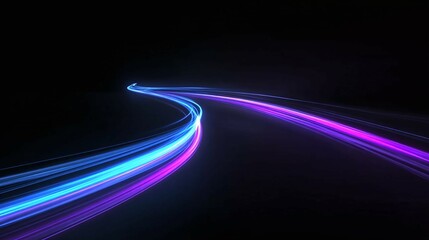 Abstract light trails in blue and purple against a dark background.